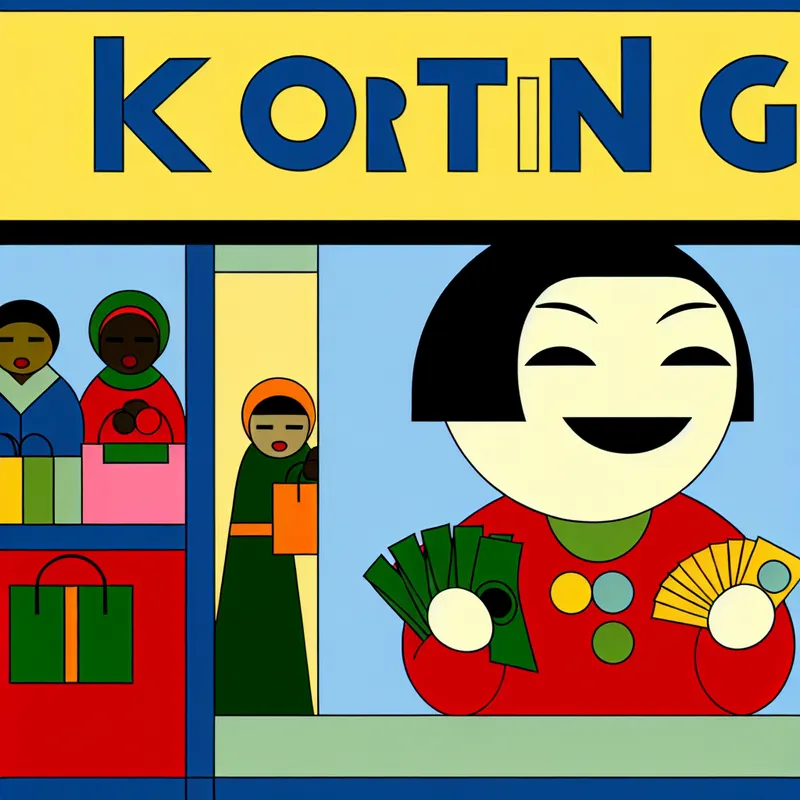 Vrolijke winkelier met geld in de hand voor een winkel met een groot kortingsbord 'KORTING', klanten met boodschappentassen op de achtergrond in minimalistische stijl van Dick Bruna