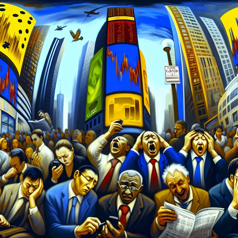 Drukke stadsomgeving met mensen in pakken die bezorgd zijn tijdens een financiële crisis, terwijl ze naar stock market charts op smartphones kijken en een bank met een 'GESLOTEN' bord