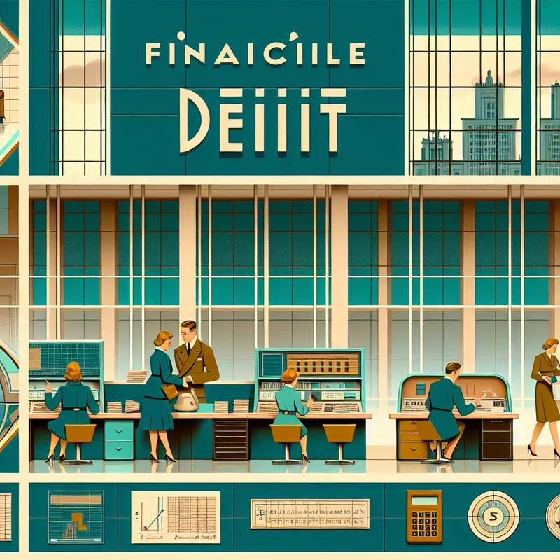 Retro-futuristisch kantoor van de Financiële Dienst in een gemeentelijke organisatie, met medewerkers aan vintage bureaus en financiële documenten