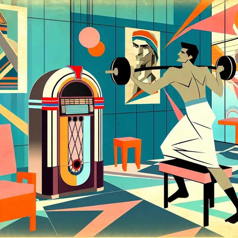 Jonge man tilt energiek gewichten in een levendige gym met geometrische vormen, omringd door nostalgische elementen zoals een vintage jukebox.