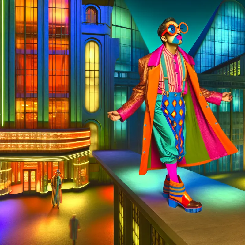 Flamboyante man in een kleurrijke outfit met retro-futuristische achtergrond