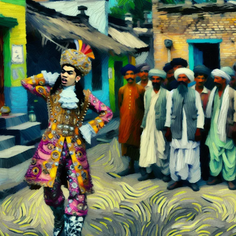 Levendige straat scène met flamboyante man in extravagante kleding, poseert arrogant voor een vervallen buurt met ongeïnspireerde toeschouwers.