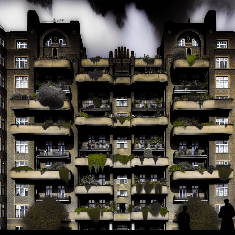 Een modern flatgebouw met 10 verdiepingen en verschillende balkons vol planten, met schaduwspel op de gevel en studenten silhouetten.