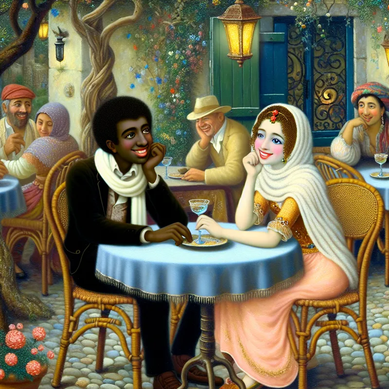 Twee jonge individuen flirten in een charmant café met bloemen en vintage meubels, omringd door een magische sfeer.