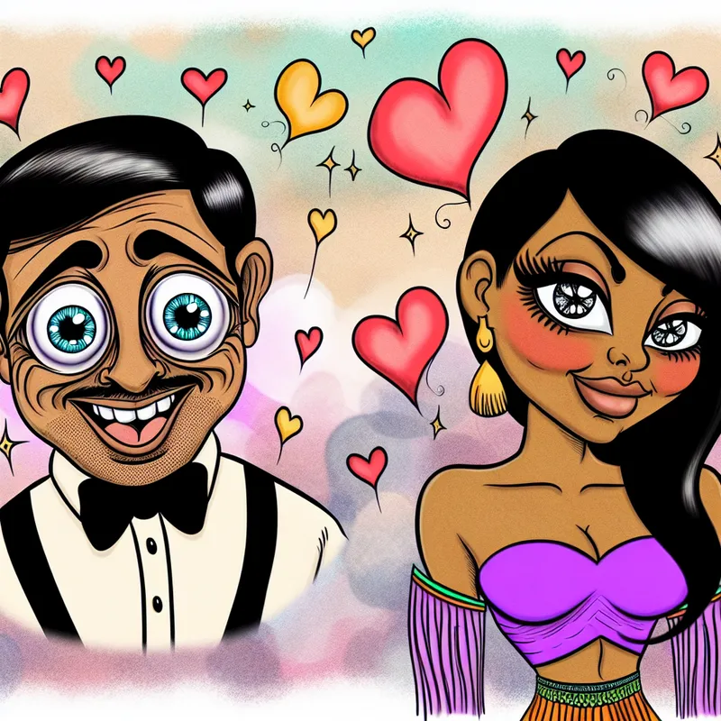 Een cartoon afbeelding van een man die verlekkerd naar een vrouw kijkt in een kleurrijke flirtsetting, met hartjes op de achtergrond.