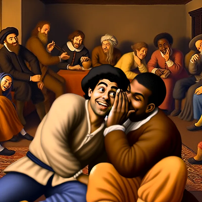 Een jonge man fluistert iets in het oor van zijn buurman in een gezellige ruimte vol met levendige gesprekken.