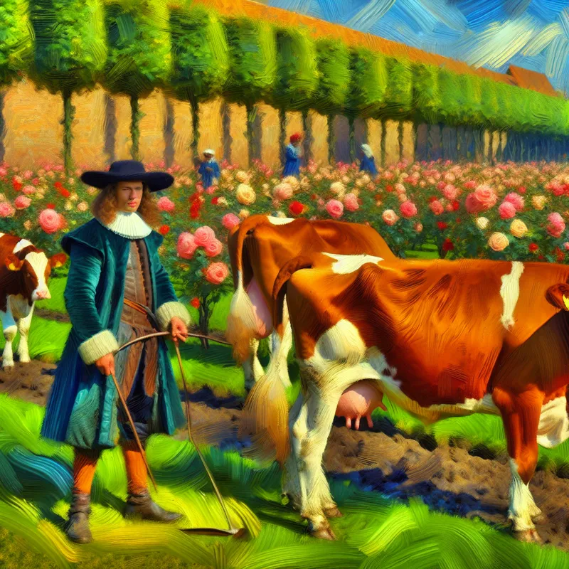 17e-eeuwse Nederlandse boer die twee koeienrassen kruist in een zonnig veld, met een tuinman die rozen hybridiseert op de achtergrond, ter illustratie van het fokken van dieren en kweken van planten