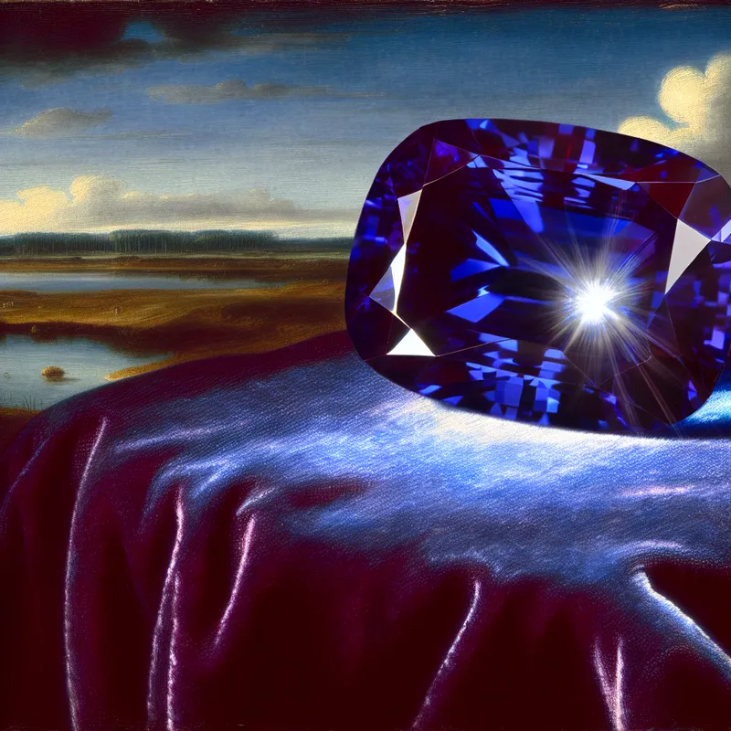 Briljant geslepen saffier op fluwelen doek met fonkelende lichtreflecties in diepe blauwtinten