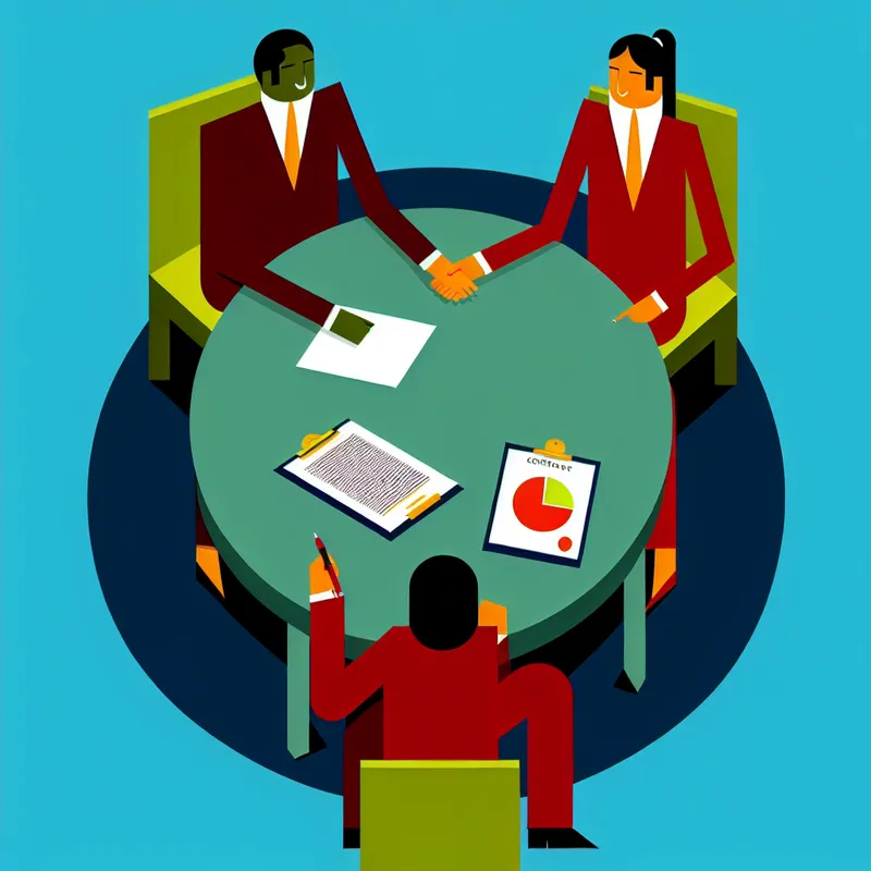 Twee personen schudden handen aan een ronde tafel bij het formaliseren van een contract, met een contract en een kleurrijke grafiek.