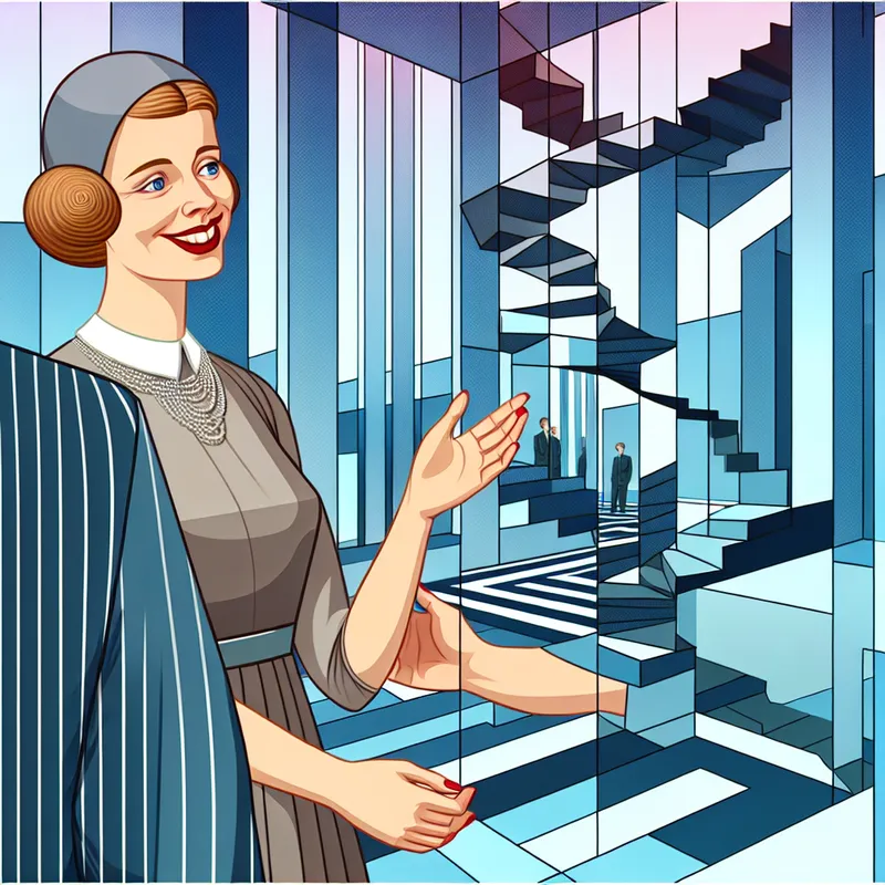 Een elegant geklede vrouw die in een modern kantoor formeel dankt aan haar manager, met surrealistische architectuur op de achtergrond.