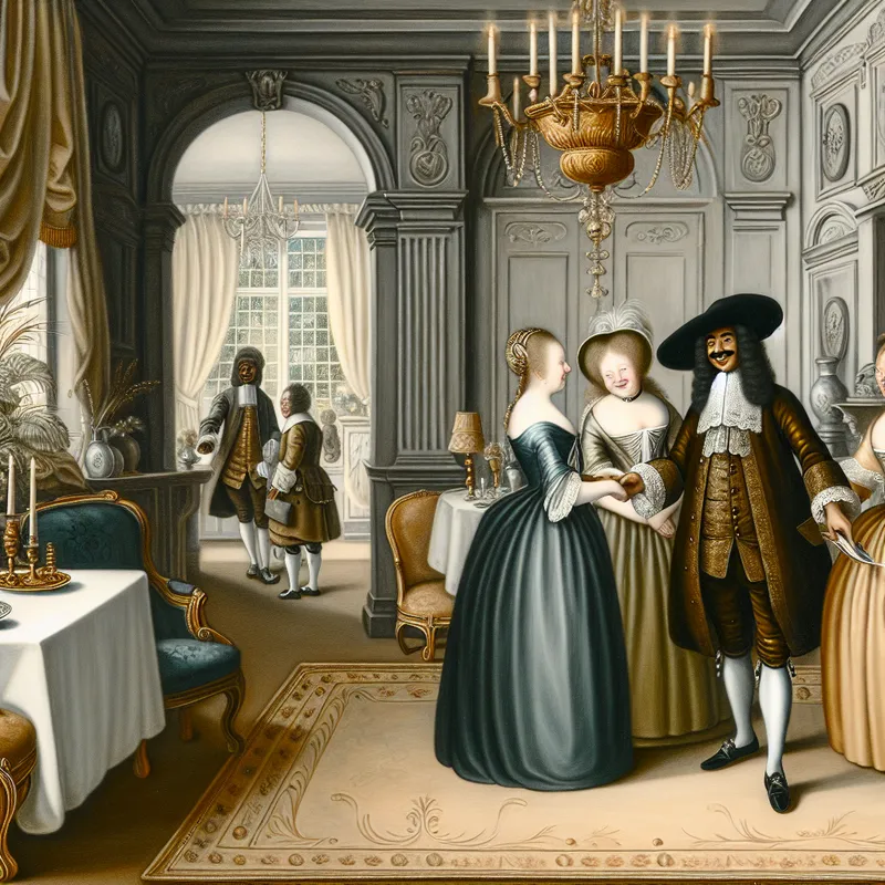 Een man in 17e-eeuwse kleding verwelkomt een groep gasten in een elegant versierde kamer.