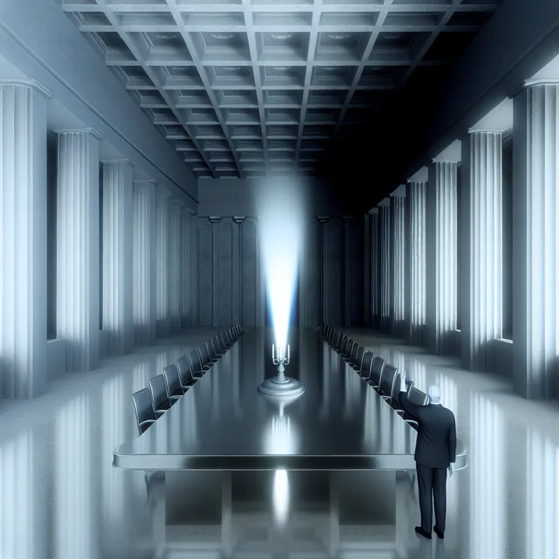 Surrealistisch boardroom tafereel met een figuur die een formele conclusie afsluit door een handgebaar, symbolisch voor het trekken van een eindbesluit