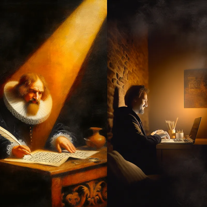 Tegenstelling tussen formele en informele schrijfstijl in Rembrandt-stijl schilderij met 17e-eeuwse geleerde en moderne schrijver