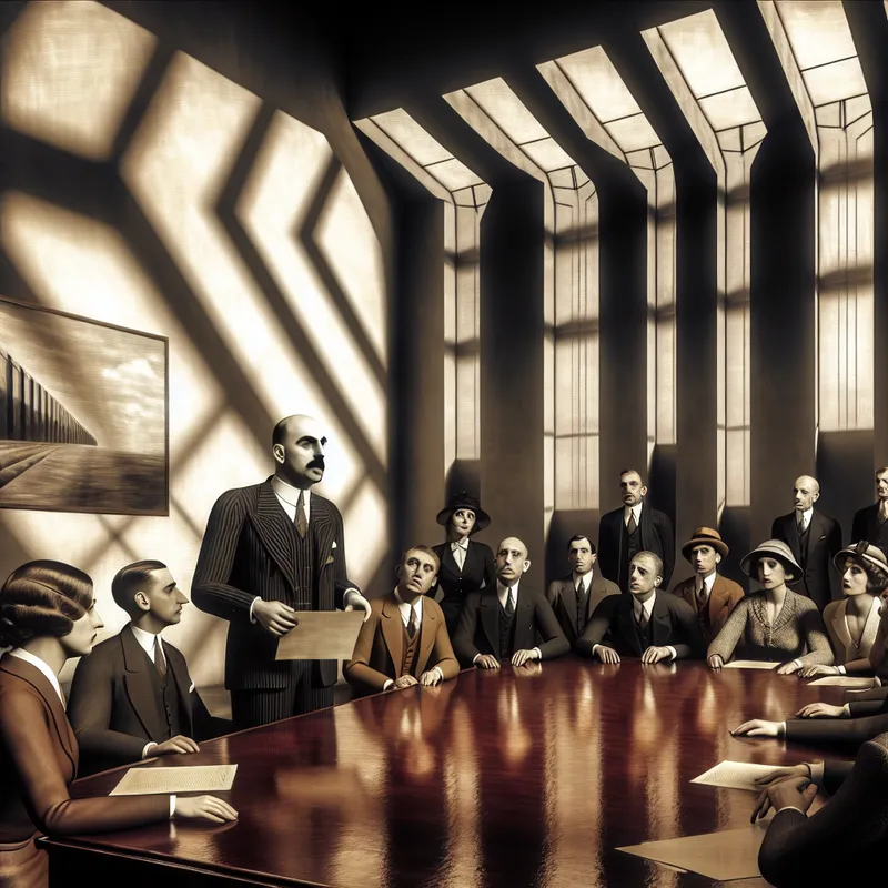 Formele directeur in 1940s kantoor deelt officiële bescheiden mee aan aandachtige medewerkers in surrealistische stijl