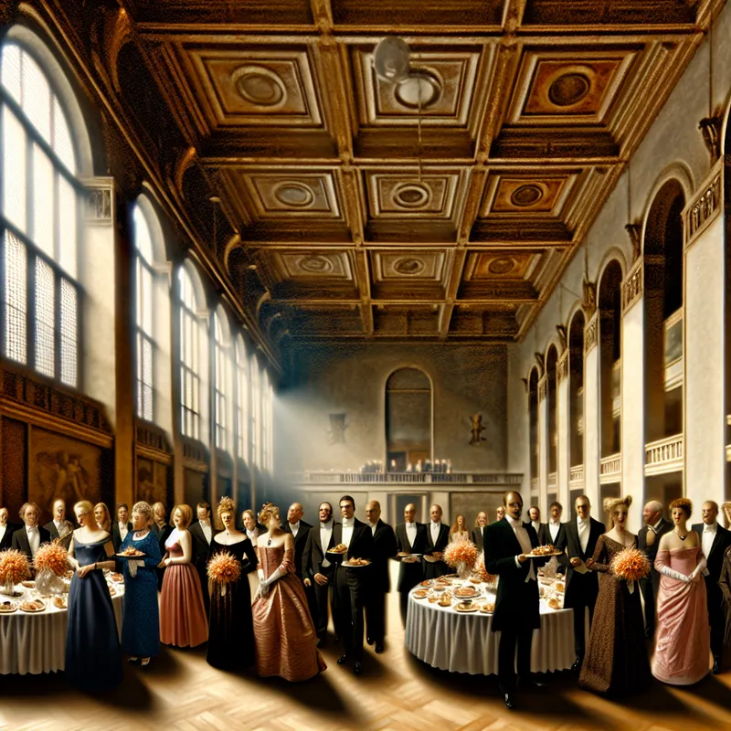Een surrealistisch, hyper-realistich tafereel van een formele ontvangst in een grote zaal met elegante mensen die nieuwe leden verwelkomen.