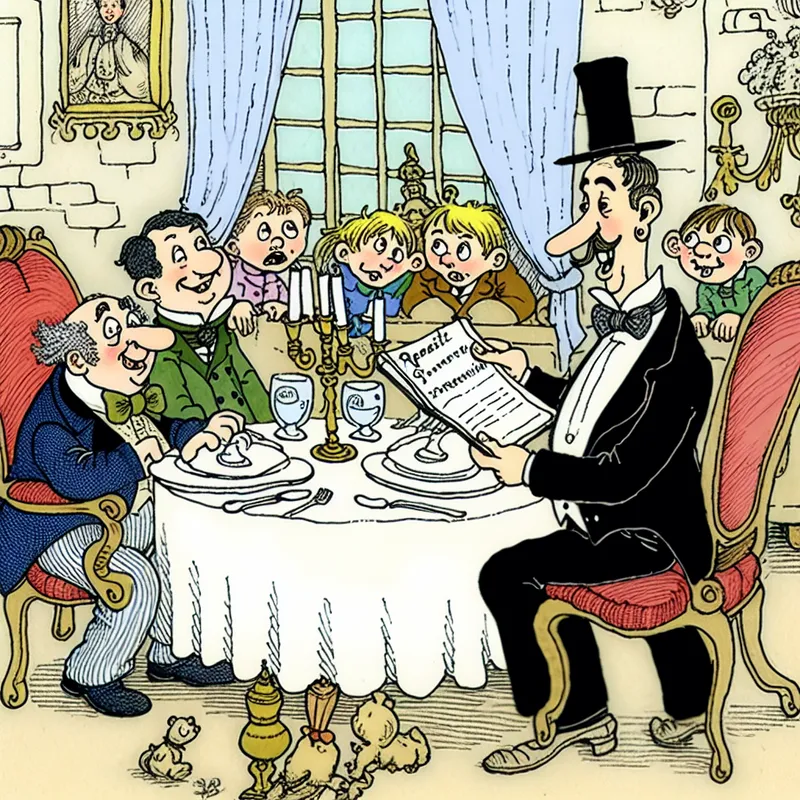 Een cartoonafbeelding van een formele restaurantscène waarin een goed geklede man door een ober benaderd wordt, met kinderen die nieuwsgierig kijken.