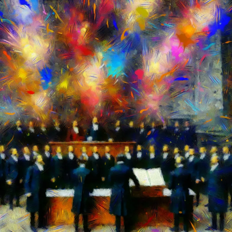 Abstract expressionistische voorstelling van een formele groep die een officiële verklaring ondertekent met de tekst 'Wij, de ondergetekenden'