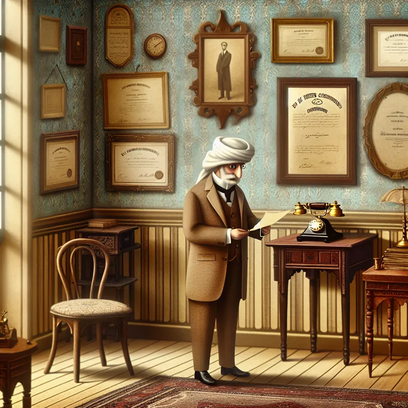 Gentleman in formeel 1950s kantoor met brief geadresseerd aan 'De heer De Vries', illustratie van formele aanspreekvorm