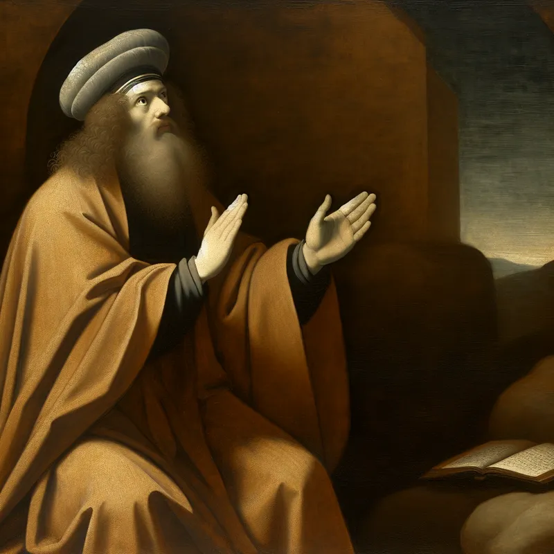 Religieuze figuur in historische kleding met opgeheven handen, symboliserend de formele aanspreekvorm 'Gij' in een serene Bijbelse scène in Vermeer-stijl