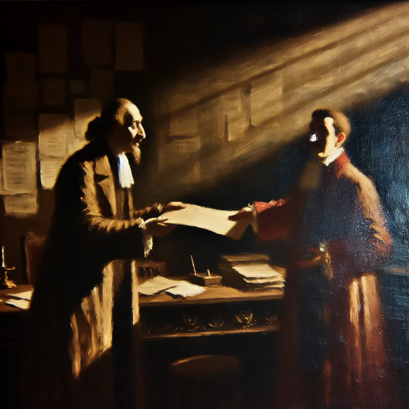 Een man in een ouderwetse kantoorruimte ontvangt een formele aanstellingsbrief van een waardige figuur.