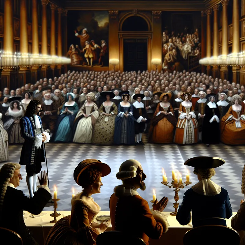 Barokke scène van een formele afsluiting van een avondevenement met een charismatische ceremoniemeester en elegante gasten in 17e-eeuwse kleding