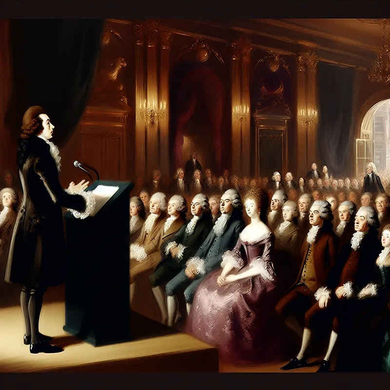 Een spreker staat aan een lessenaar in een grandioze zaal, terwijl elegante gasten aandachtig luisteren naar een afscheidsgroet.