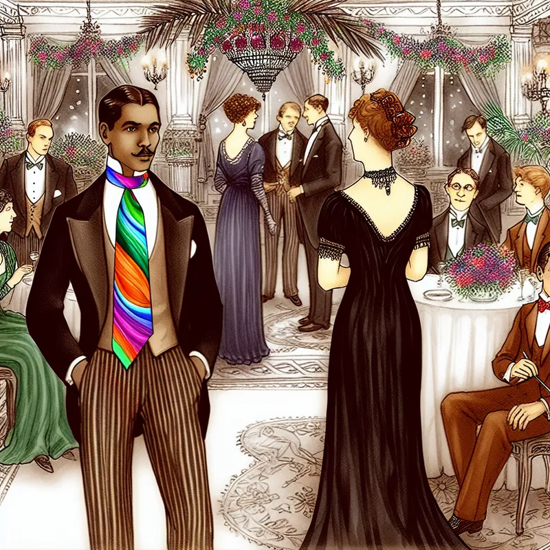 Illustratie van een formele bijeenkomst met diverse mensen in elegante outfits en kleurrijke dassen.