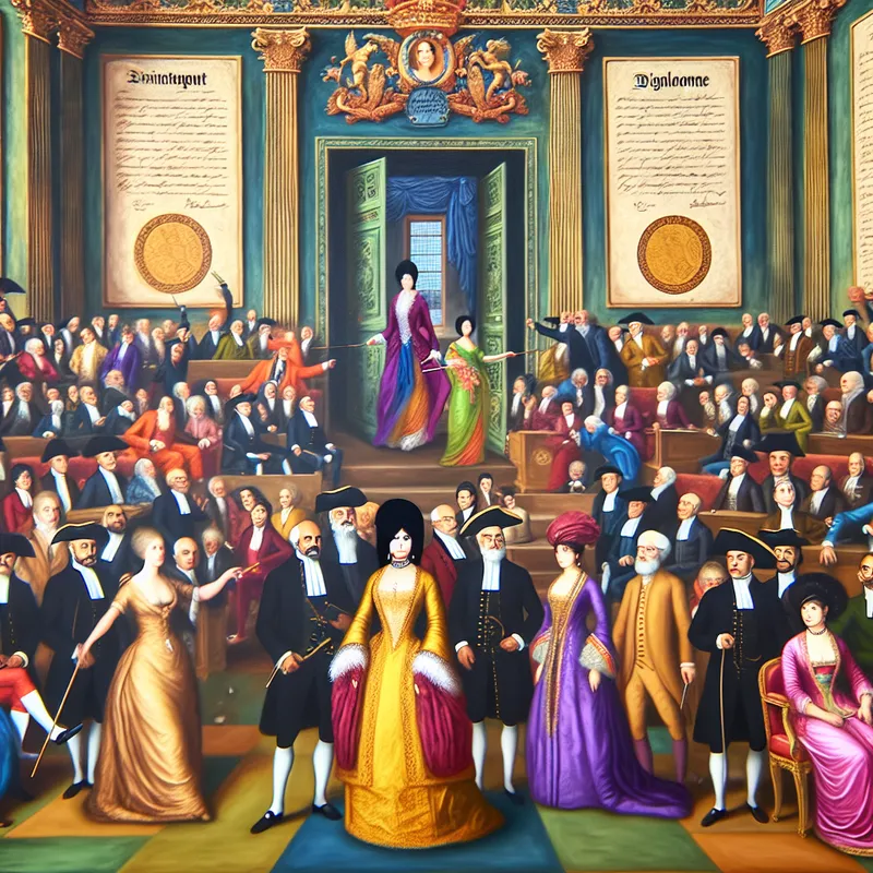 Een formele bijeenkomst in een grote, versierde kamer met mensen in historische kleding, met een man die een hoge positie vertegenwoordigt en diploma's aan de muren.