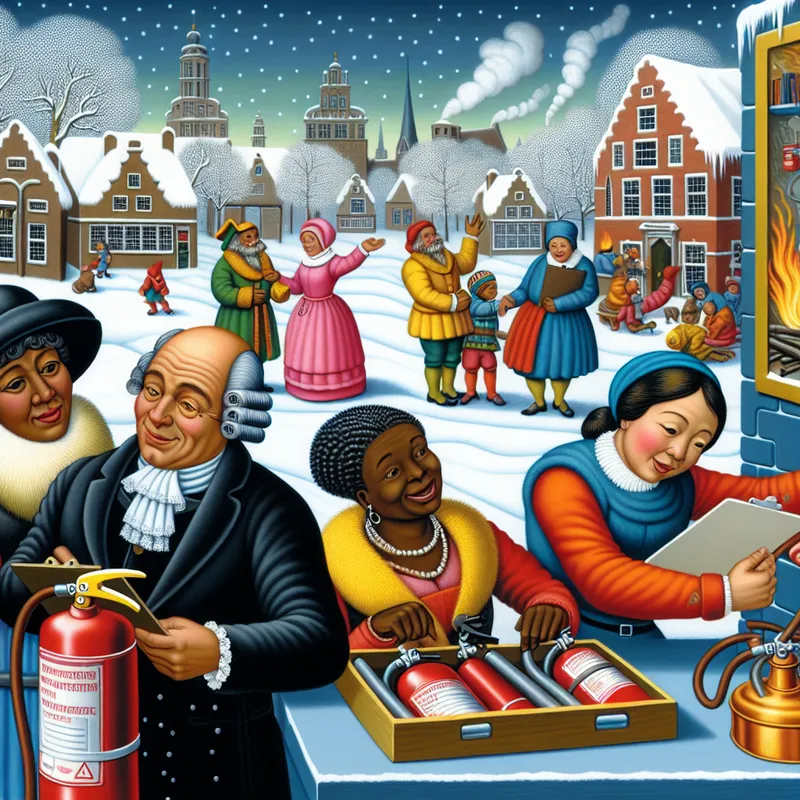 Een vrolijke winterse scène met een man in een formeel kostuum die een inspectie van brandveiligheid leidt, omringd door vrouwen die brandblussers controleren, terwijl sneeuw valt op een pittoresk dorpje.