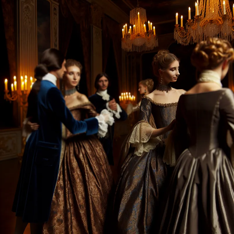 Elegant geklede paren dansen in een weelderige balzaal met luxe stoffen, kaarslicht en chique decoraties