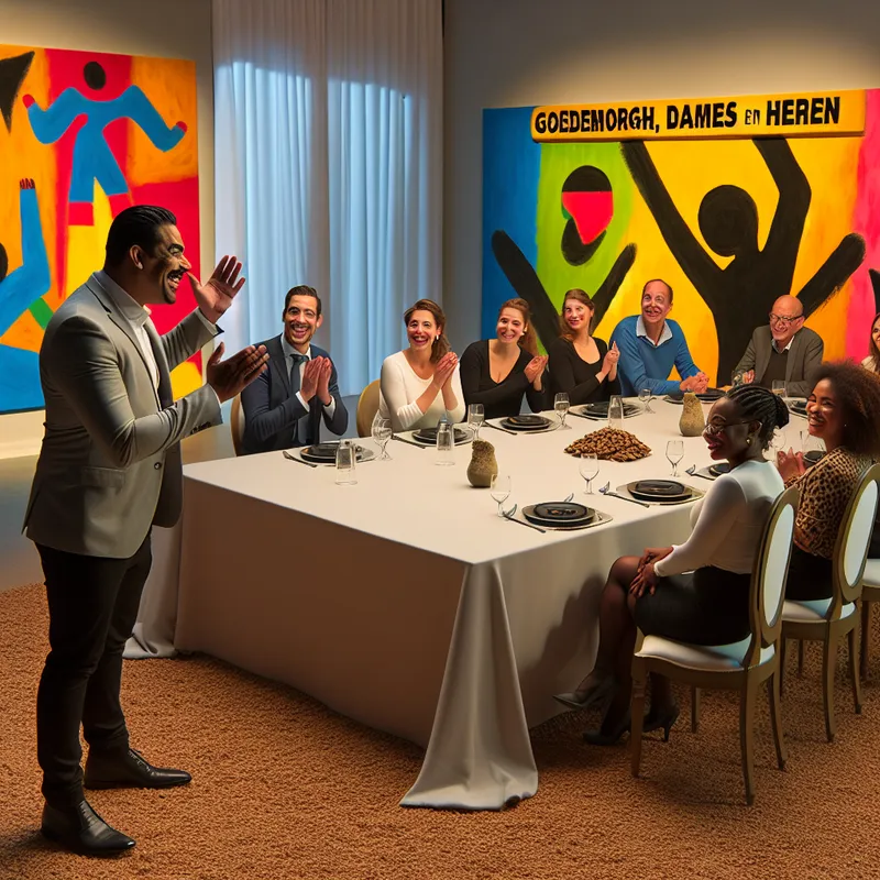 Een spreker begroet zijn publiek met 'Goedemorgen, dames en heren' in een formele vergaderzaal.