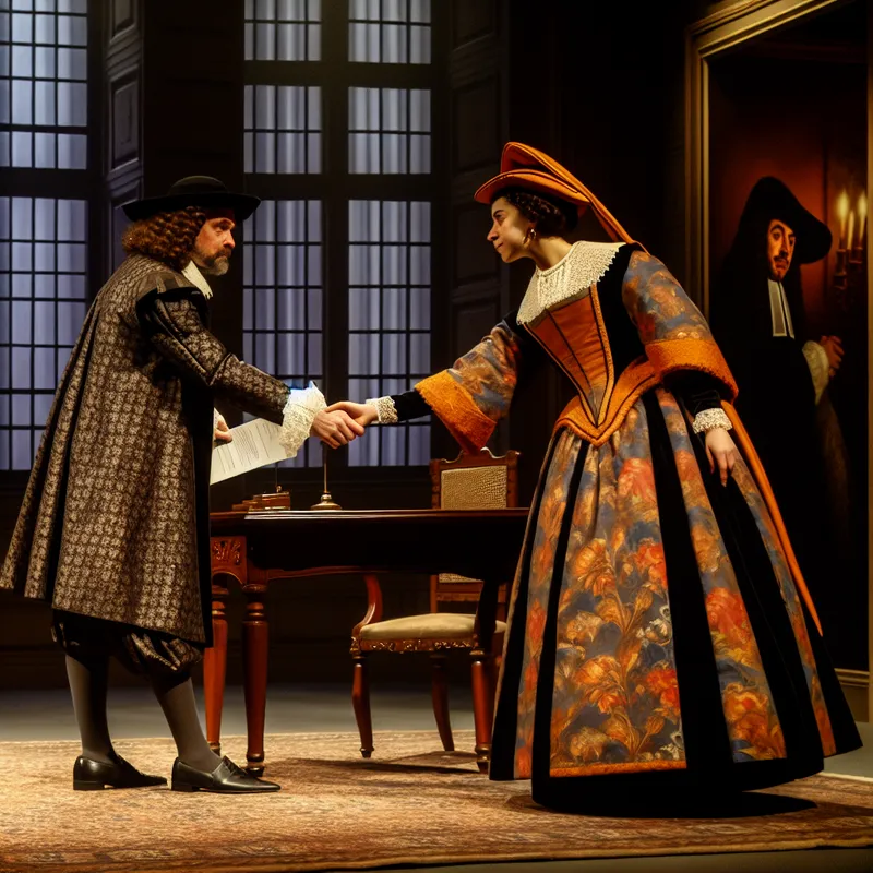 Twee personen schudden de hand in een formele setting, met een elegante inrichting en een contract op een houten tafel.