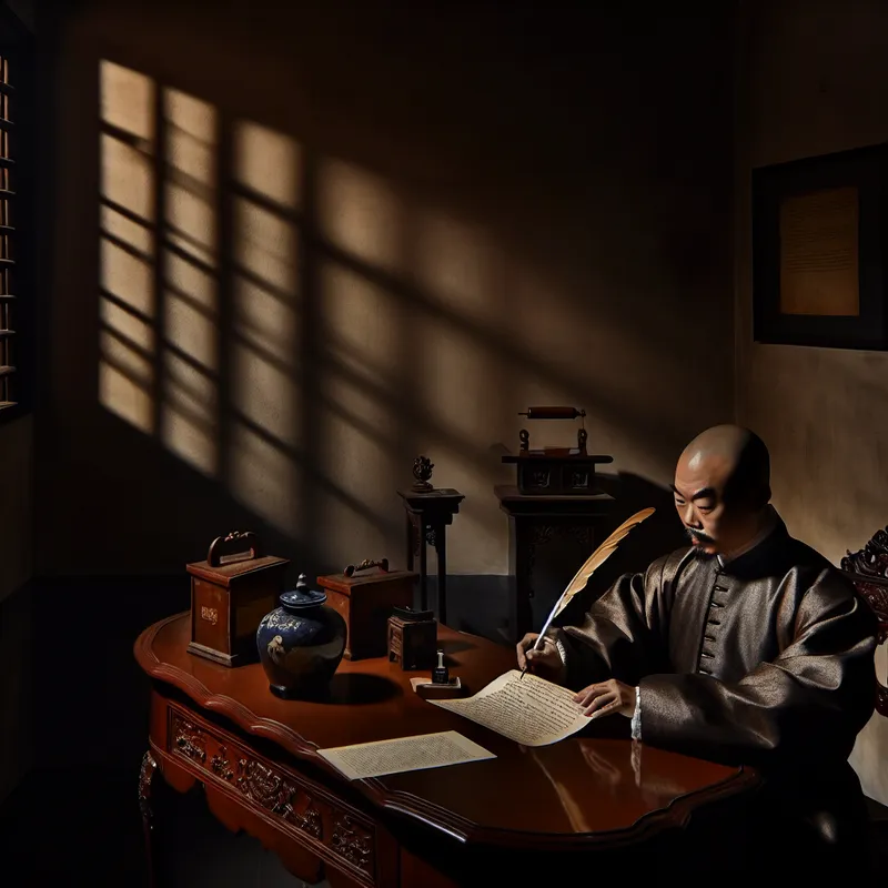 Een man in 17e-eeuwse kledij schrijft geconcentreerd op een elegant houten tafel omringd door juridische elementen zoals een contract, een veerpen en een inktpot.