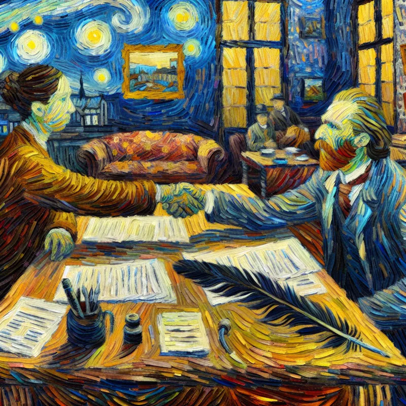 Twee partijen schudden handen aan een tafel met documenten en een ganzenveer, symboliserend een formele overeenkomst in Van Gogh-stijl