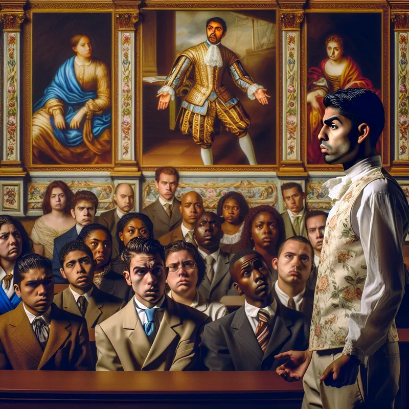 Een jonge man geeft een oprechte verontschuldiging in een Barok-achtige klasomgeving, terwijl diverse klasgenoten hem aandachtig aankijken.