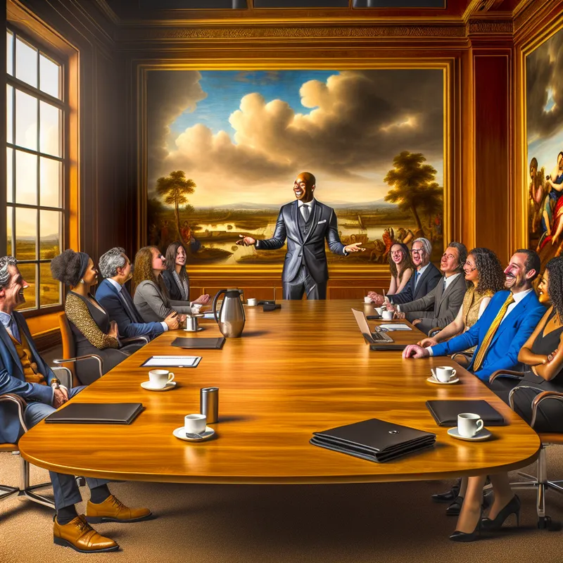 Diverse groep professionals in een formele vergadering aan een grote houten tafel, met een dankbare voorzitter.