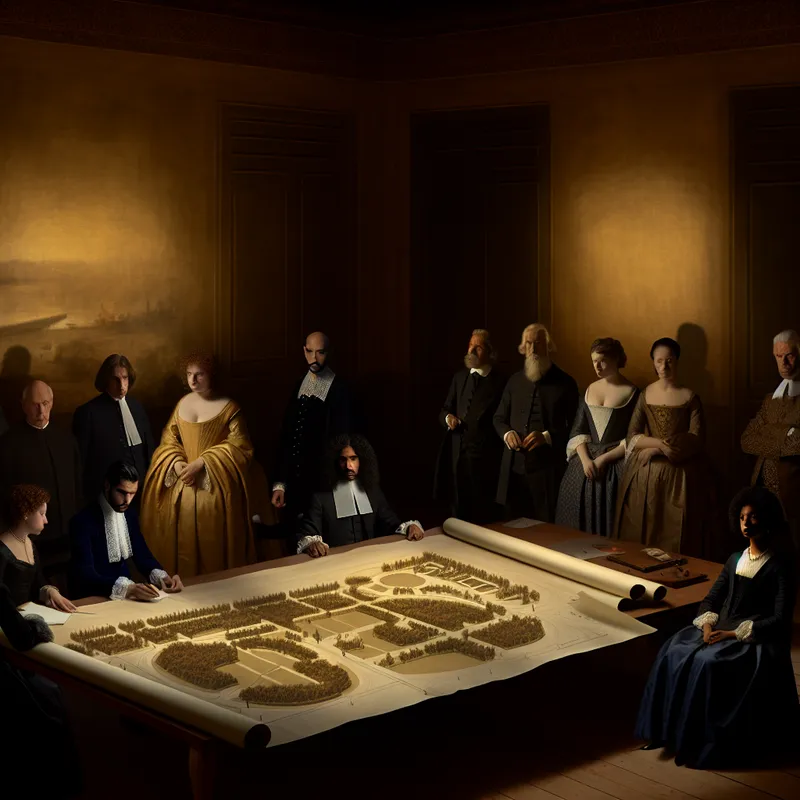 Een groep elegant geklede mensen discussieert bezorgd over blauwdrukken voor een nieuw park in een somber verlichte kamer.