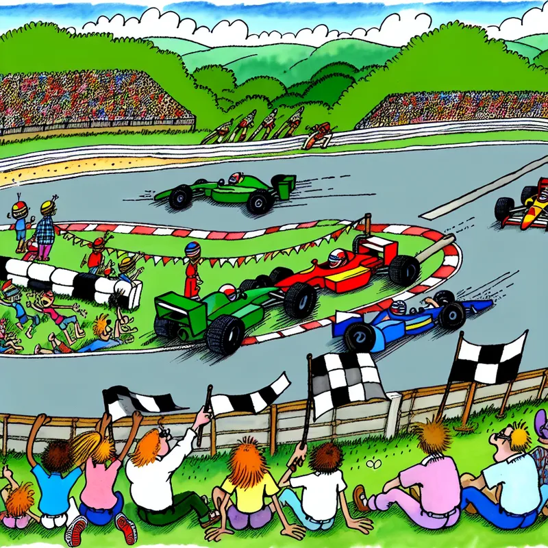 Vibrante cartoonillustratie van een spannende Formule 1 race op een racetrack met kleurrijke raceauto's, juichende toeschouwers en dynamische details.