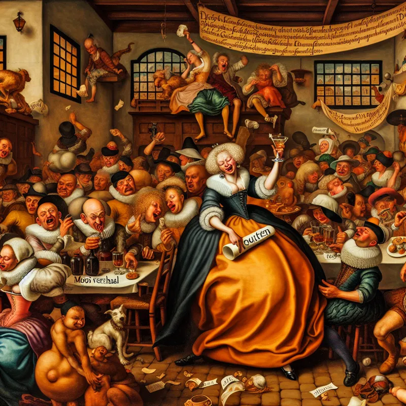 17e-eeuwse Nederlandse taverne-scène met een vrouw die een verhaal vertelt om haar fouten te rechtvaardigen, omringd door een sceptisch publiek