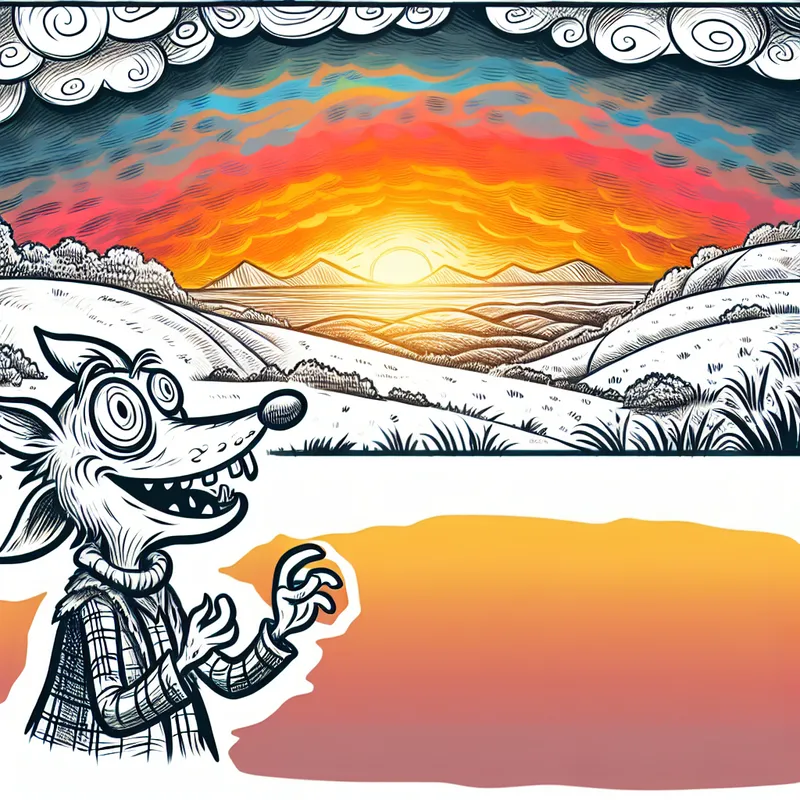 Cartoonstijlillustratie van een verbluffende zonsondergang met een expressief antropomorf personage