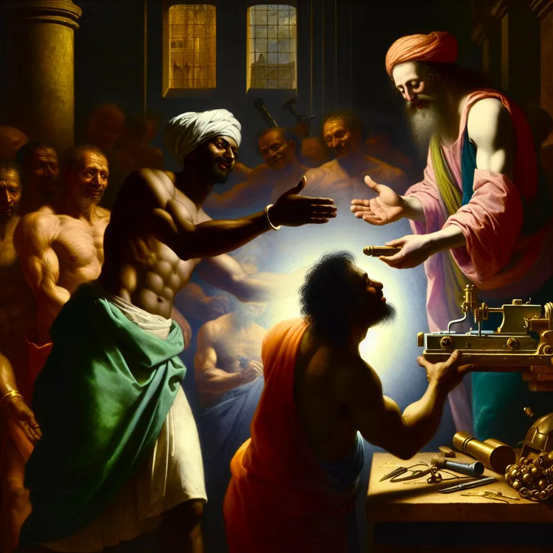 Barokke voorstelling van een ambachtsman die een gerepareerd apparaat gratis overhandigt aan een klant in een levendige werkplaats, met de tekst 'vrij van kosten' op een perkament