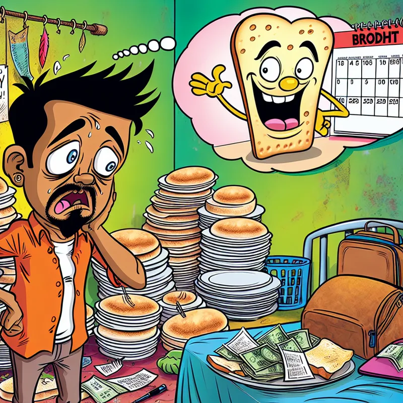 Een cartoon personage, freelancer, die zich bezorgd voelt omringd door lege borden, een lege portemonnee en een lege koelkast.