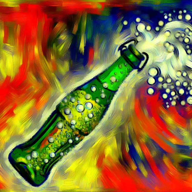 Abstract expressionistische voorstelling van een bruisende frisdrankfles onder druk, met explosieve bubbels en felle kleuren die de informele term 'bom' uitbeelden