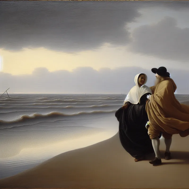 Twee mensen wandelen rustig langs een winderig strand bij zonsondergang, genietend van de frisse buitenlucht in een serene sfeer