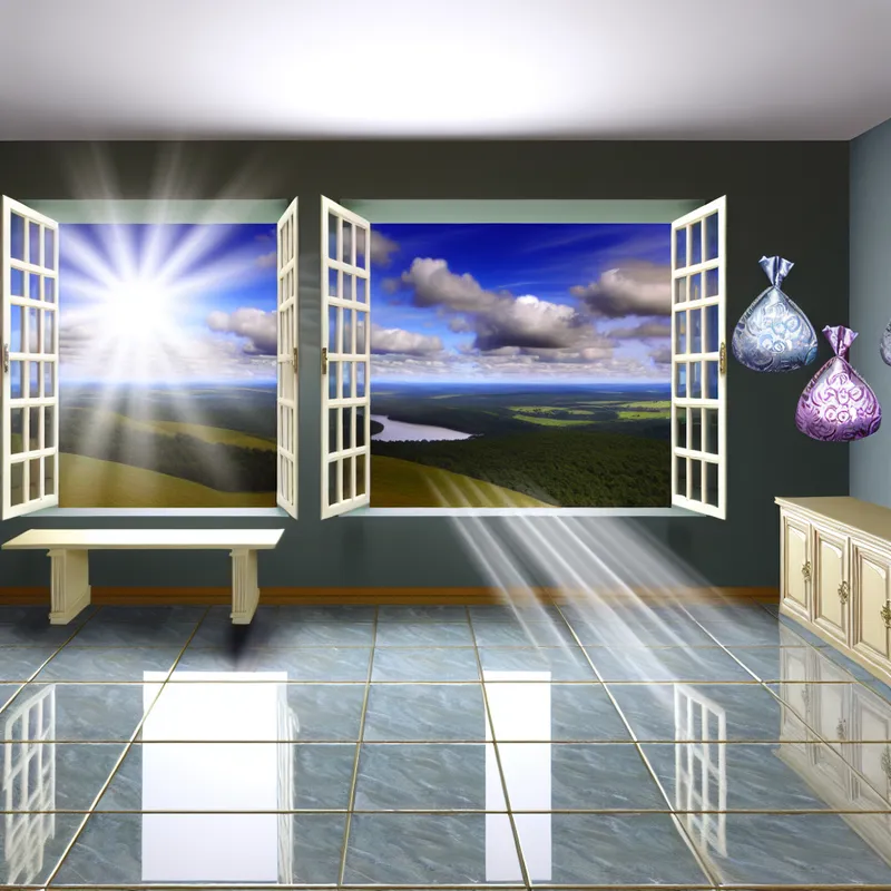 Heldere keuken met open ramen die frisse lucht binnenlaten, en een uitzicht op glooiende heuvels en een blauwe lucht.