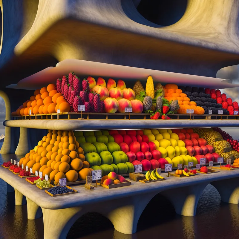 Hyperrealistisch fruitmarkt met een verscheidenheid aan kleurrijke vruchten op monumentale architectuur, waaronder een surrealistisch landschap