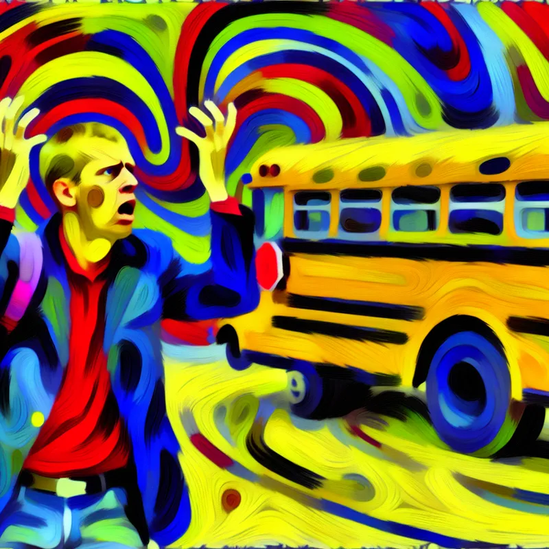 Frustrated person at a bus stop, hands raised in exasperation, surrounded by colorful abstract shapes