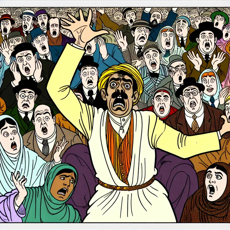 Cartoonische afbeelding van een gefrustreerd personage met een overdreven gezichtsuitdrukking, omringd door verbaasde bystanders.