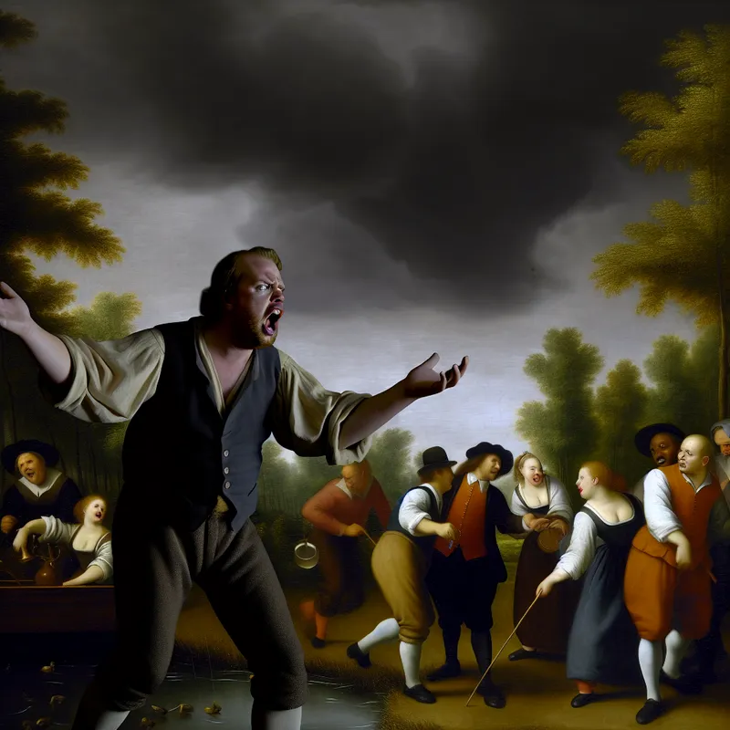 Een gefrustreerde man onder een donkere, regenachtige lucht die gefrustreerd naar een groep blije mensen wijst die zich voorbereiden op een feestje, met een contrast tussen zijn ongelukkige gezichtsuitdrukking en hun vreugde.