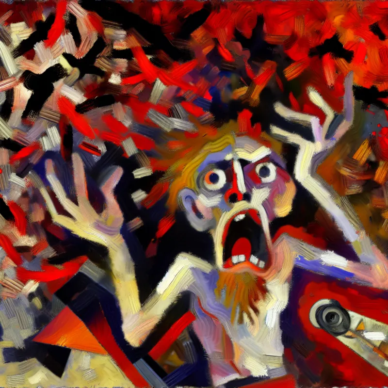 Abstracte afbeelding van een gefrustreerd persoon met uitgestoken handen, omringd door chaotische kleuren en vormen.